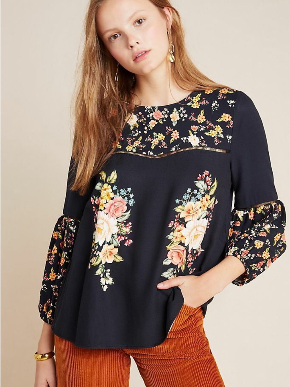 Farm Rio For Anthropologie Estelle Blouse Black Floral Balloon Sleeve XL